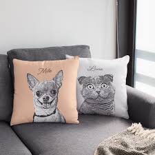 Custom dog photo pillow on a cozy couch