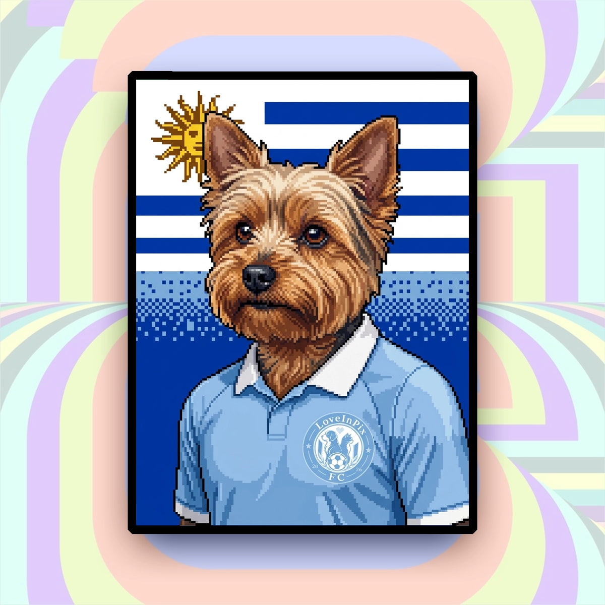 Uruguay-inspired custom pixel small dog portrait in light blue football jersey
