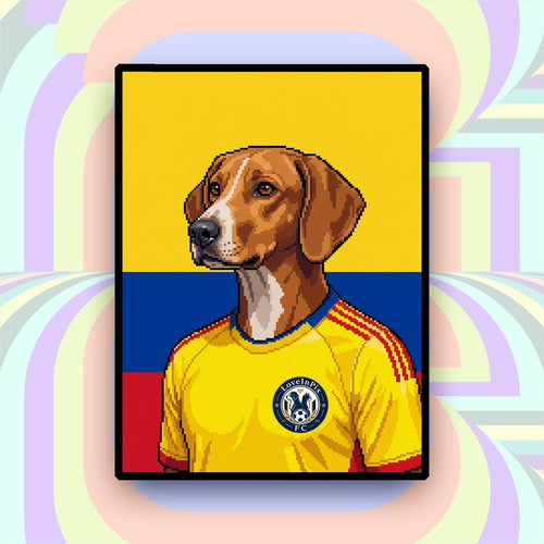 Colombia-inspired custom pixel dog portrait in yellow football jersey