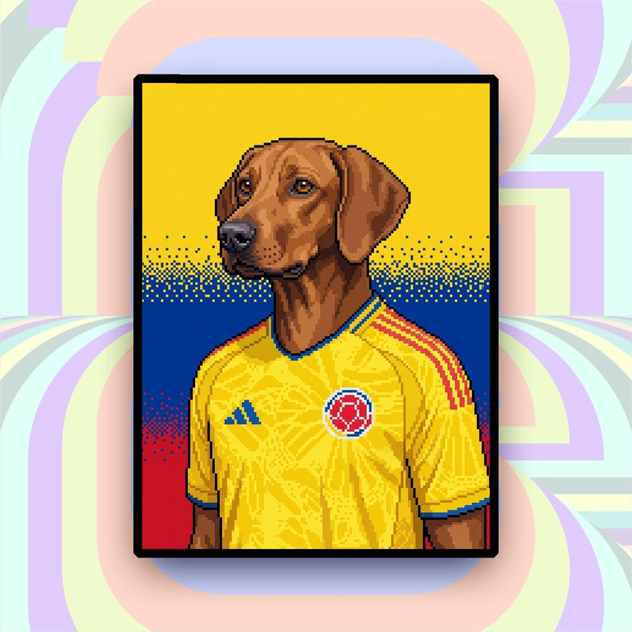 Colombia-inspired custom pixel dog portrait in yellow football jersey