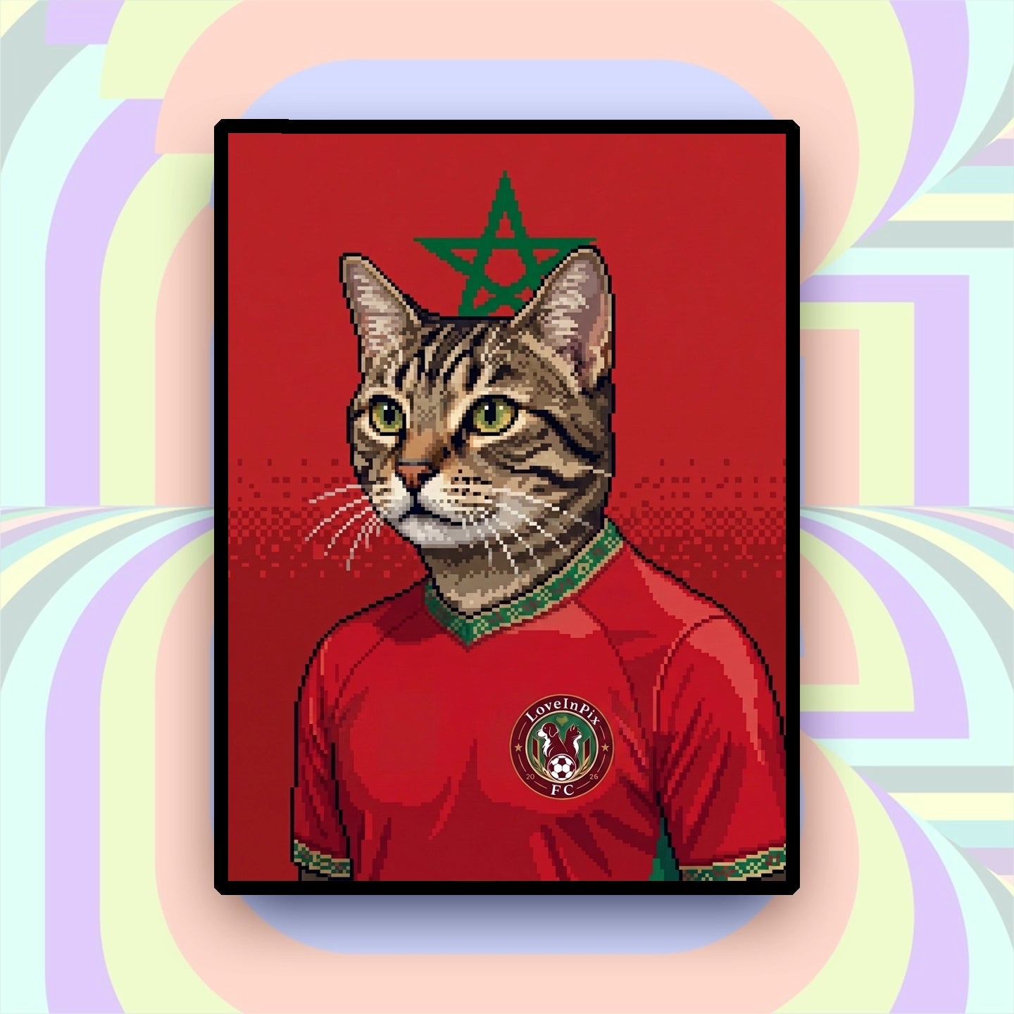 Morocco-inspired custom pixel cat portrait in red football jersey