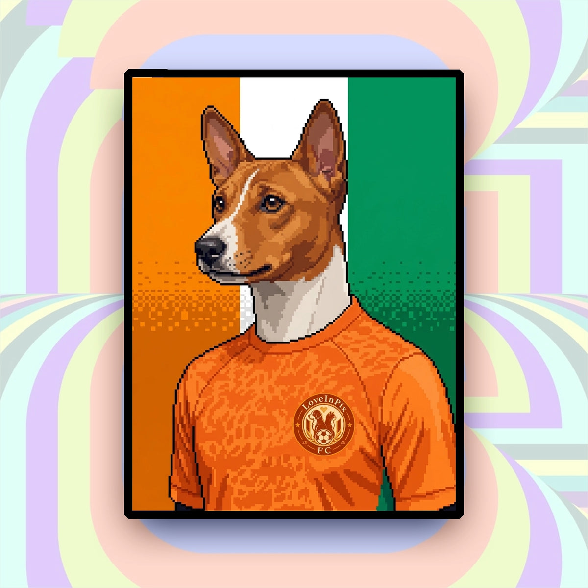 Ivory Coast-inspired custom pixel dog portrait in orange football jersey
