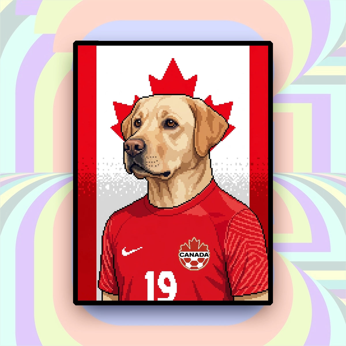 Canada-inspired custom pixel dog portrait in red football jersey