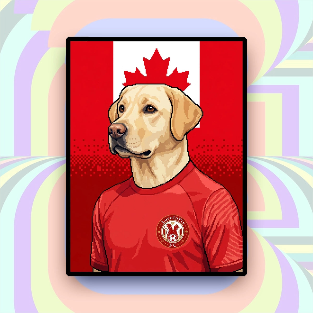 Canada-inspired custom pixel dog portrait in red football jersey