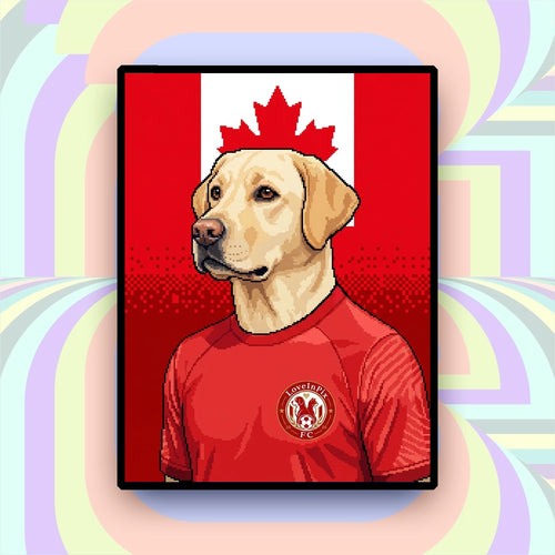 Canada-inspired custom pixel dog portrait in red football jersey