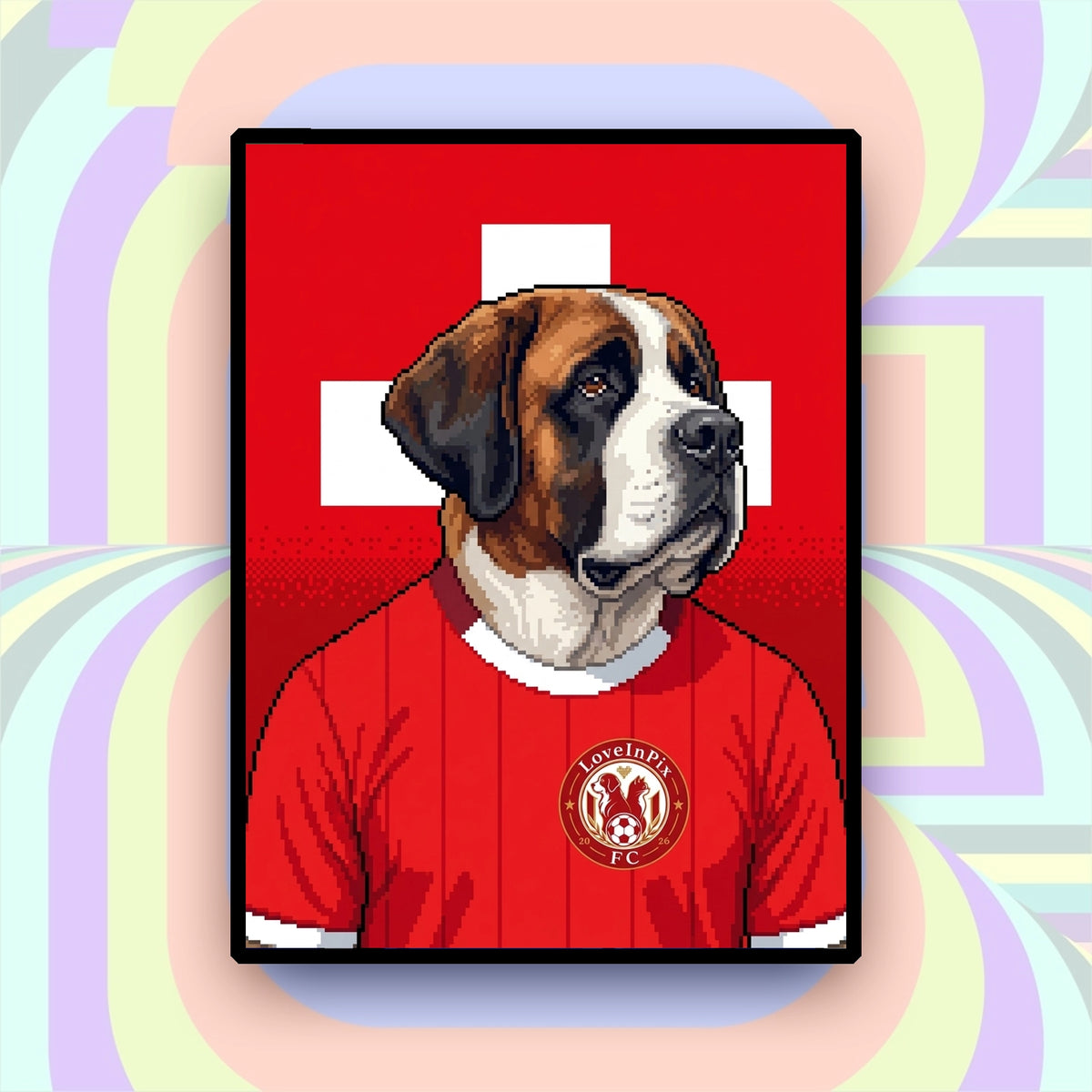 Switzerland-inspired custom pixel dog portrait in red football jersey