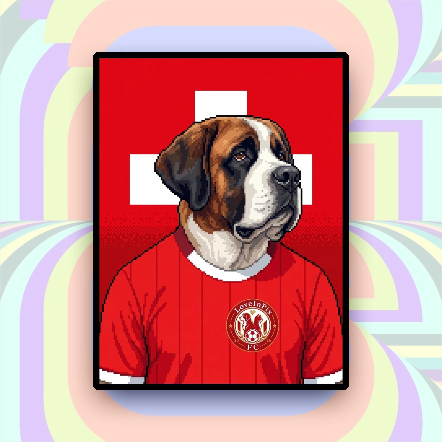 Switzerland-inspired custom pixel dog portrait in red football jersey
