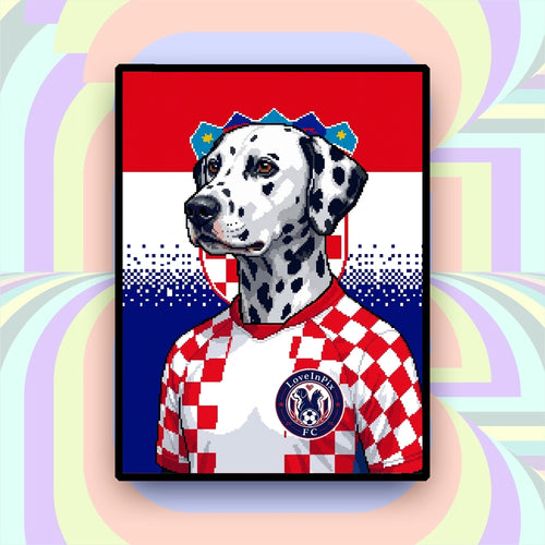 Croatia-inspired custom pixel Dalmatian portrait in red and white checkerboard football jersey