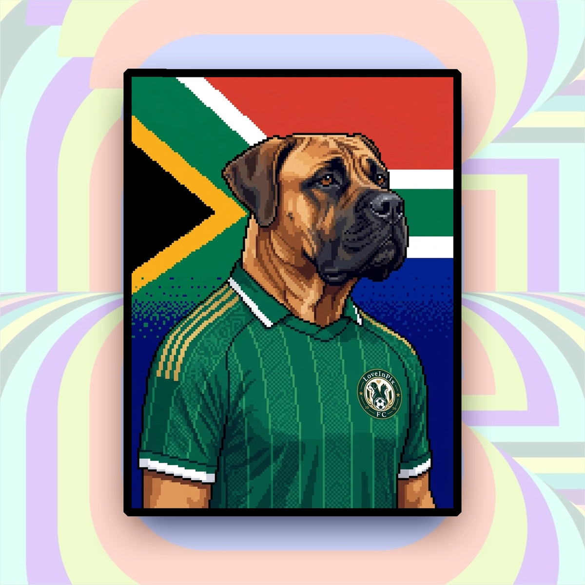 South Africa-inspired custom pixel dog portrait in green football jersey