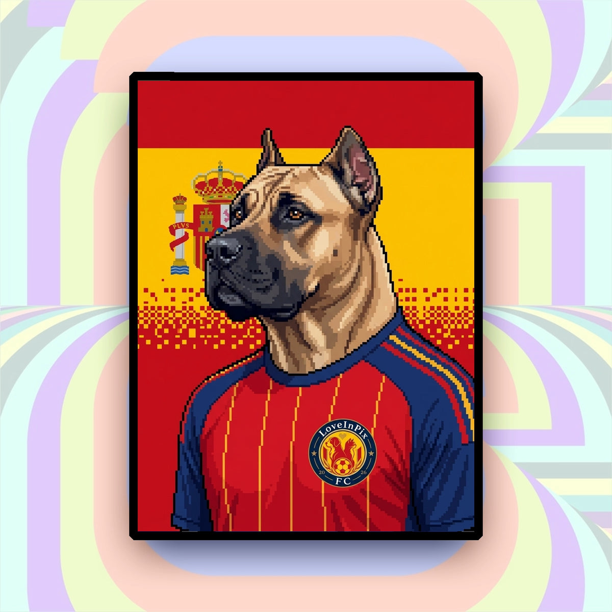 Spain-inspired custom pixel dog portrait in red football jersey with yellow and navy accents