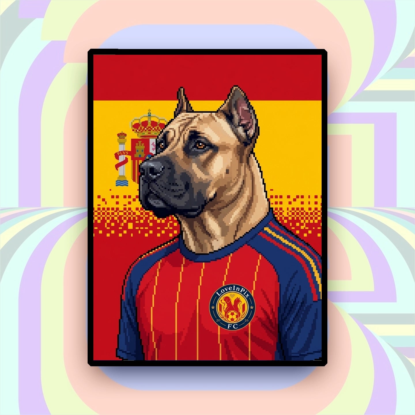 Spain-inspired custom pixel dog portrait in red football jersey with yellow and navy accents