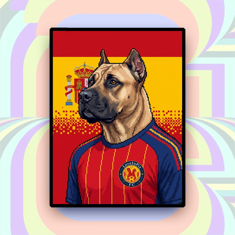Spain-inspired custom pixel dog portrait in red football jersey with yellow and navy accents