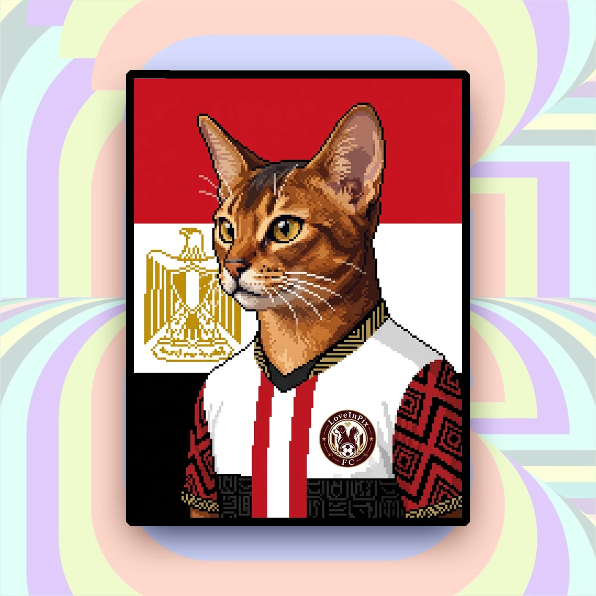 Egypt-inspired custom pixel cat portrait in red white and black football jersey