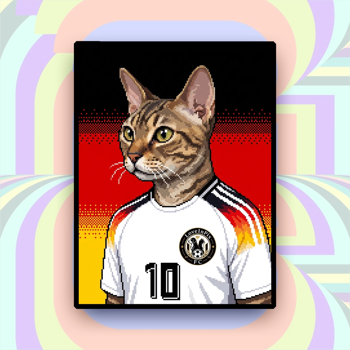 Germany-inspired custom pixel cat portrait in white football jersey
