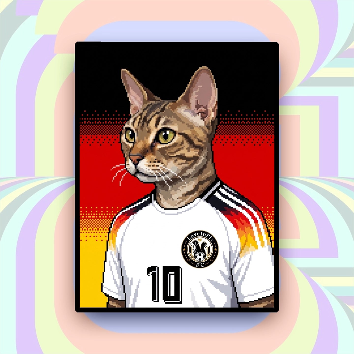 Germany-inspired custom pixel cat portrait in white football jersey