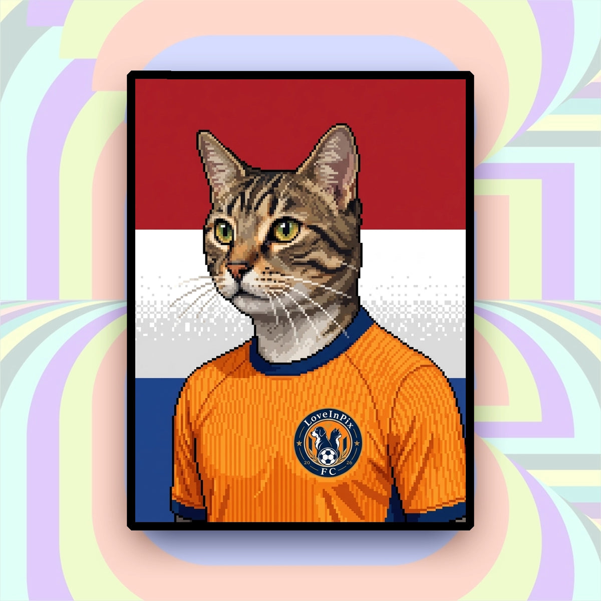 Netherlands-inspired custom pixel cat portrait in orange football jersey