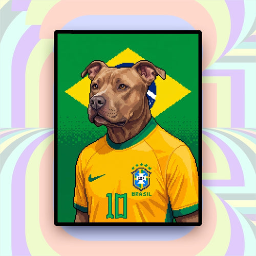 Brazil-inspired custom pixel dog portrait in yellow football jersey