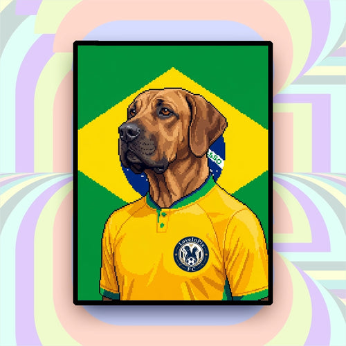 Brazil-inspired custom pixel dog portrait in yellow football jersey