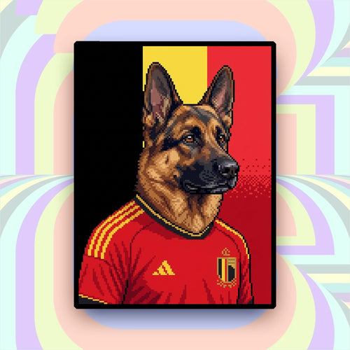 Belgium-inspired custom pixel German Shepherd portrait in red football jersey