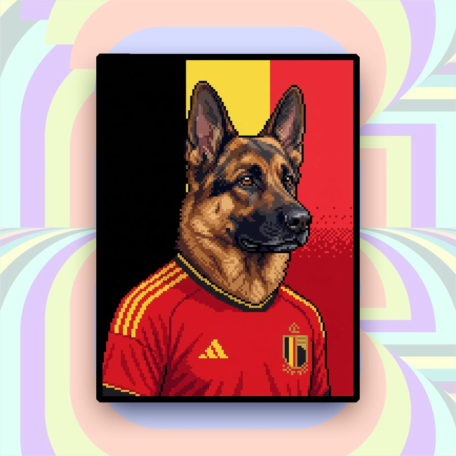 Belgium-inspired custom pixel German Shepherd portrait in red football jersey