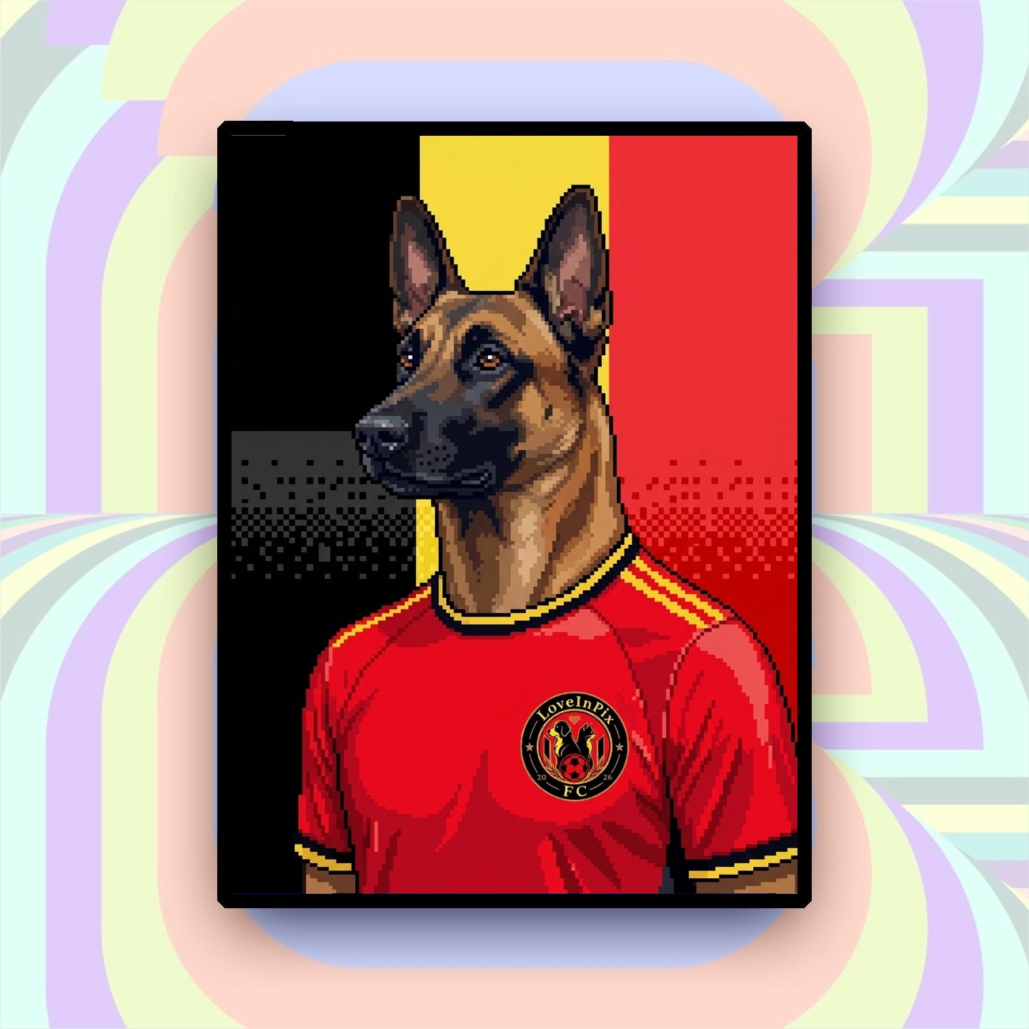 Belgium-inspired custom pixel German Shepherd portrait in red football jersey
