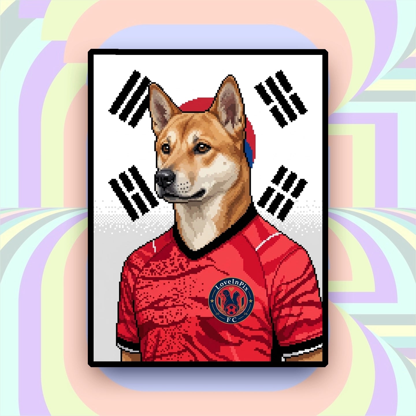 South Korea-inspired custom pixel dog portrait in red football jersey