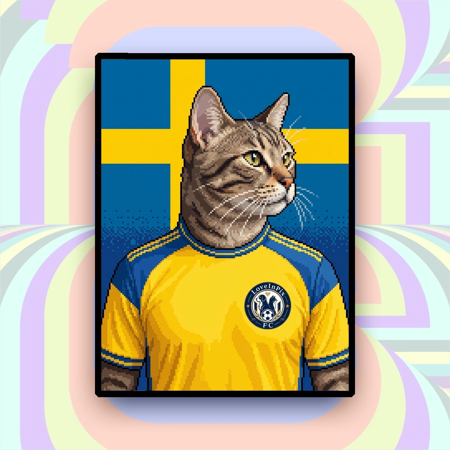 Sweden-inspired custom pixel cat portrait in yellow and blue football jersey