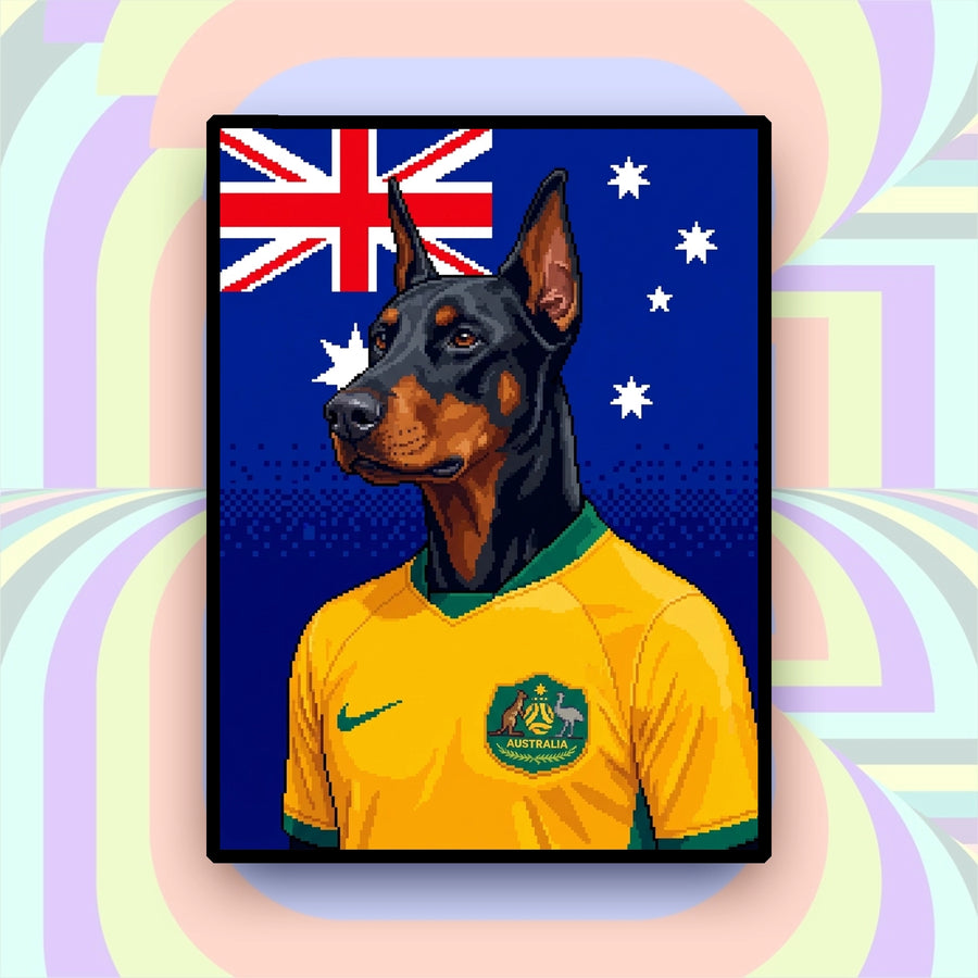 Australia-inspired custom pixel dog portrait in yellow football jersey
