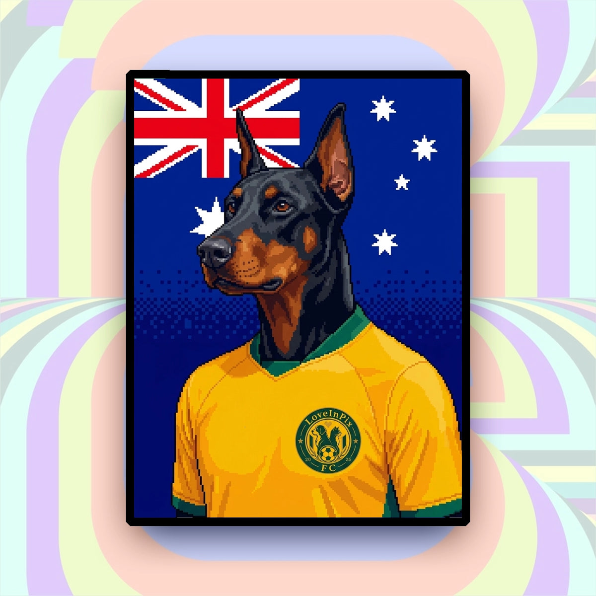 Australia-inspired custom pixel dog portrait in yellow football jersey