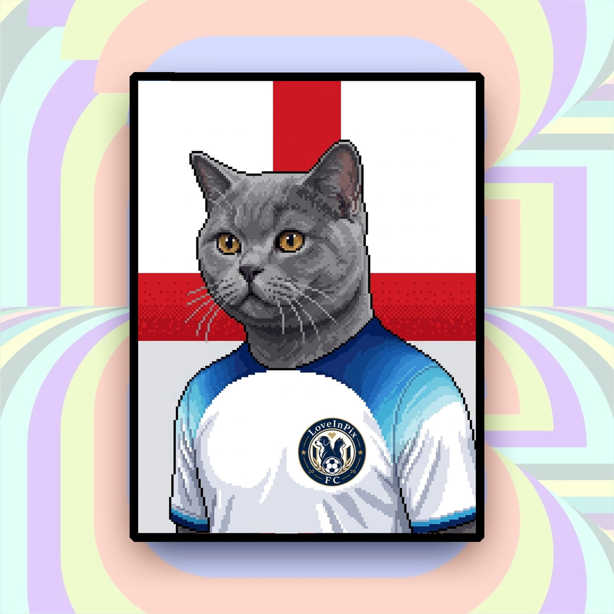 England-inspired custom pixel gray cat portrait in white and blue football jersey