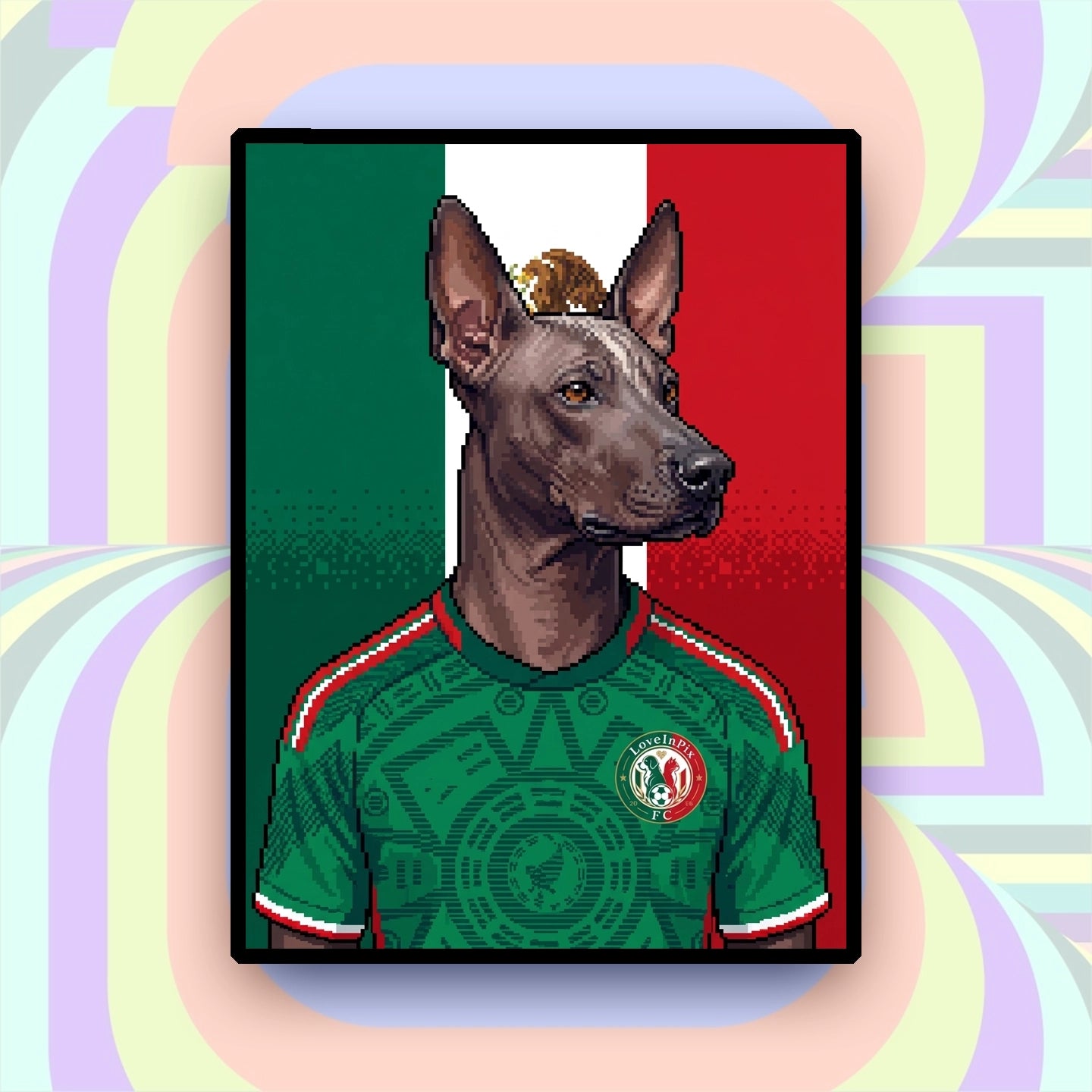 Mexico-inspired custom pixel dog portrait in green football jersey