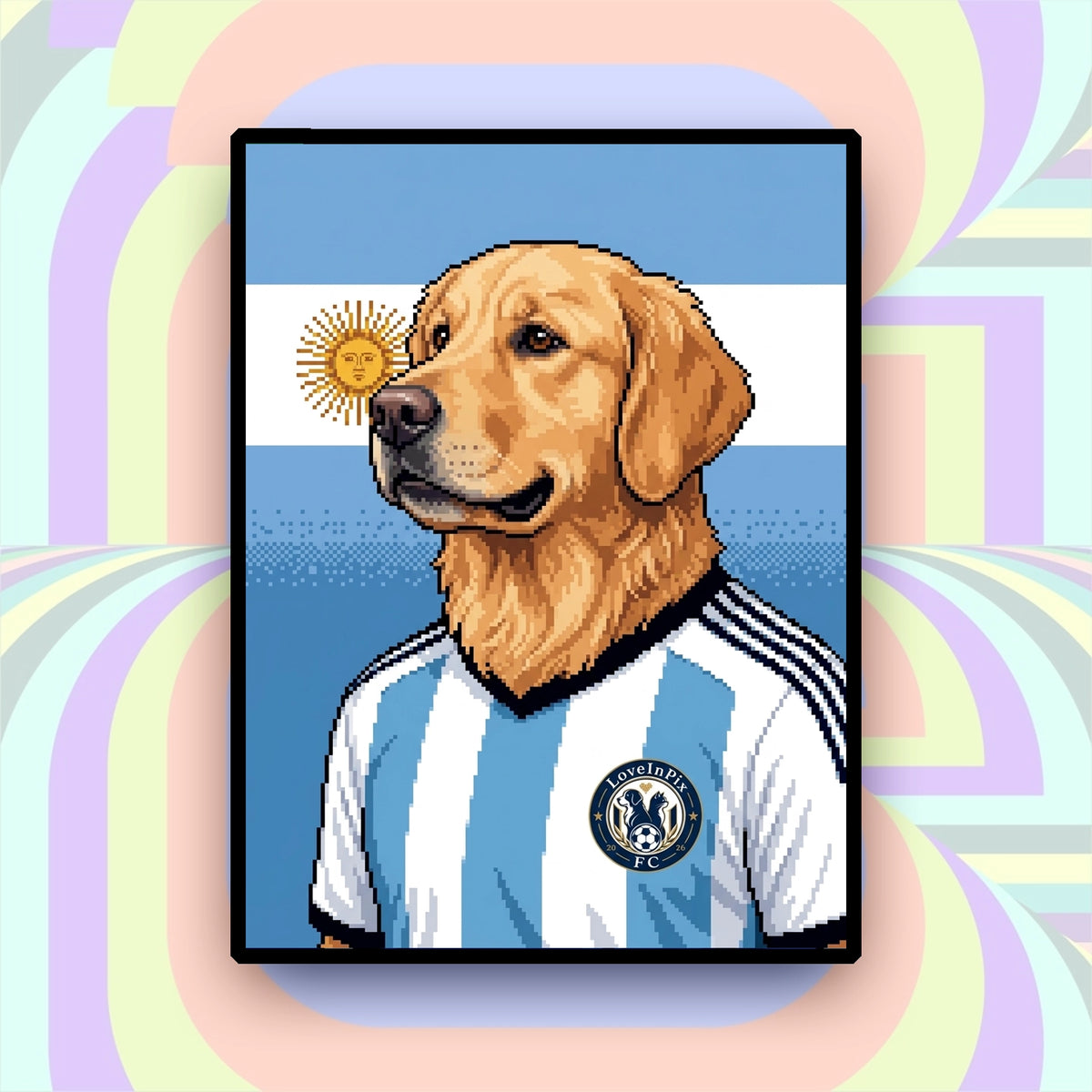 Argentina-inspired custom pixel dog portrait in blue and white football jersey