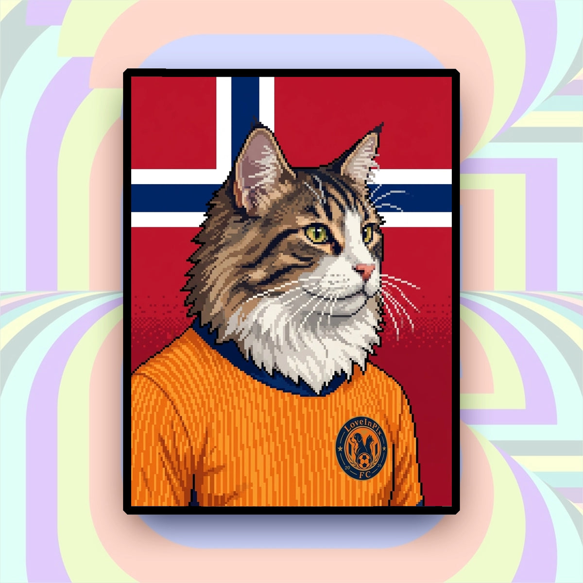 Norway-inspired custom pixel cat portrait in orange football jersey with red navy and white background