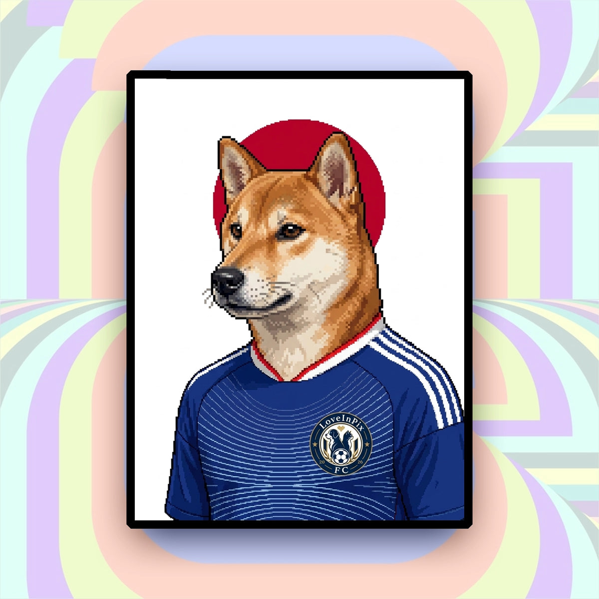 Japan-inspired custom pixel Shiba Inu portrait in blue football jersey
