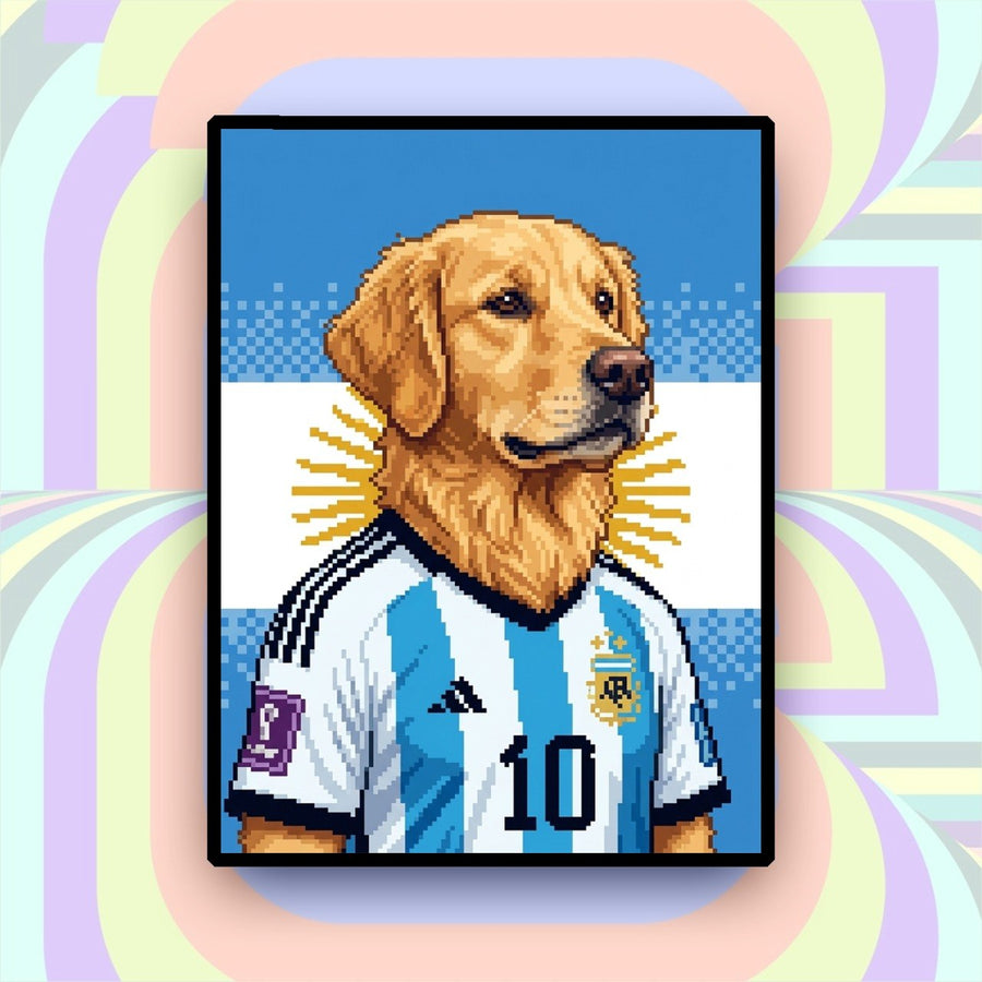 Argentina-inspired custom pixel dog portrait in blue and white football jersey